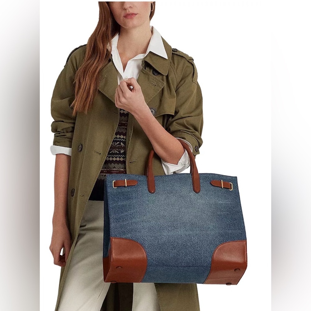 Ralph Lauren Women Devyn Denim with Leather Trim Extra-Large Tote Bag - Picture 16 of 16